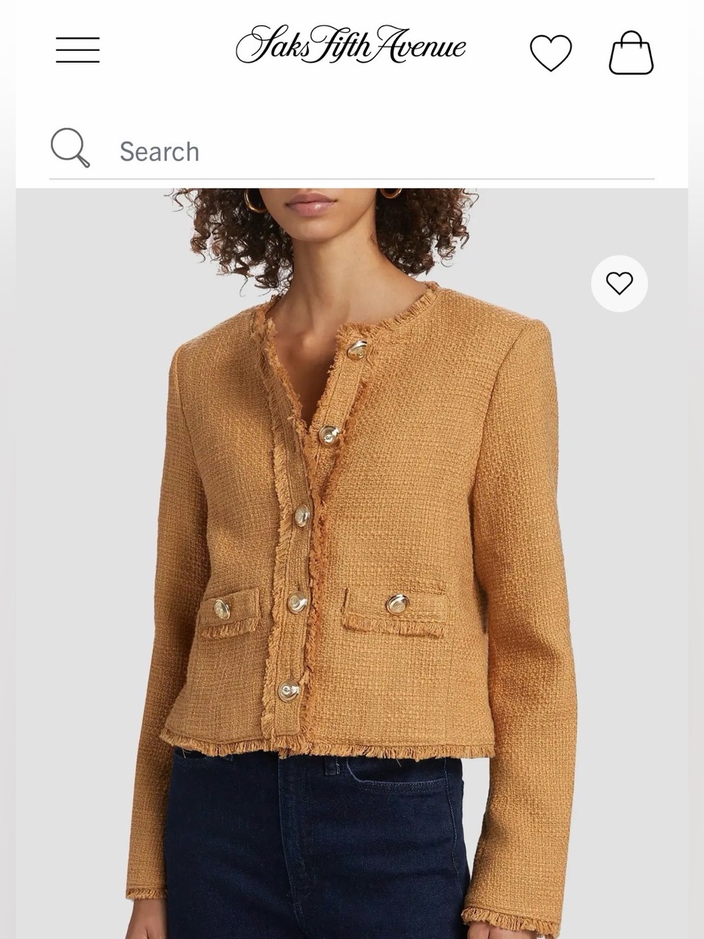 cinq a sept Camel Fringed Tweed Jacket with Gold Buttons